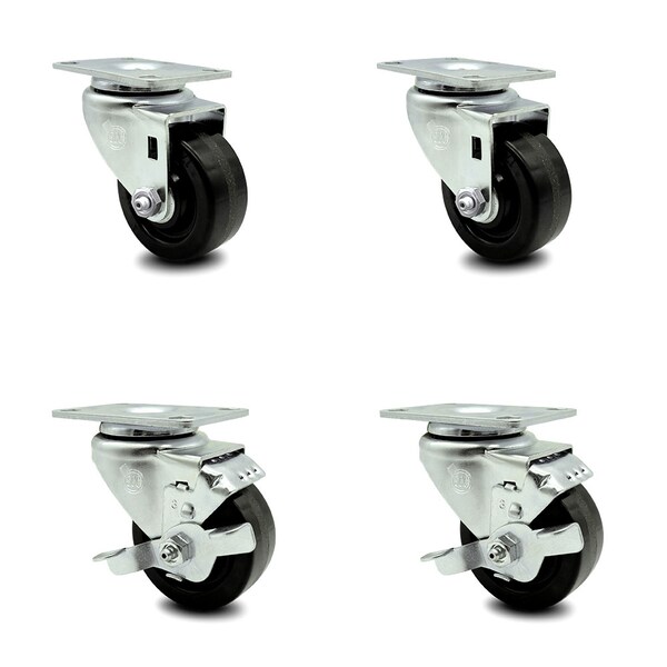3.5 Inch Phenolic Wheel Swivel Top Plate Caster Set with 2 Brakes